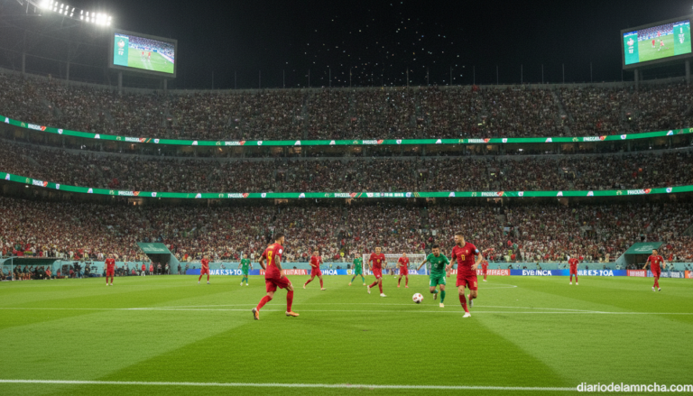 Realistic photograph of a football stadium at night during a World Cup match, players in generic red and green kits withou...