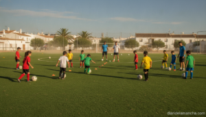 Outdoor football training camp scene, children in generic plain-colored sports kits practicing drills on a grass pitch und...