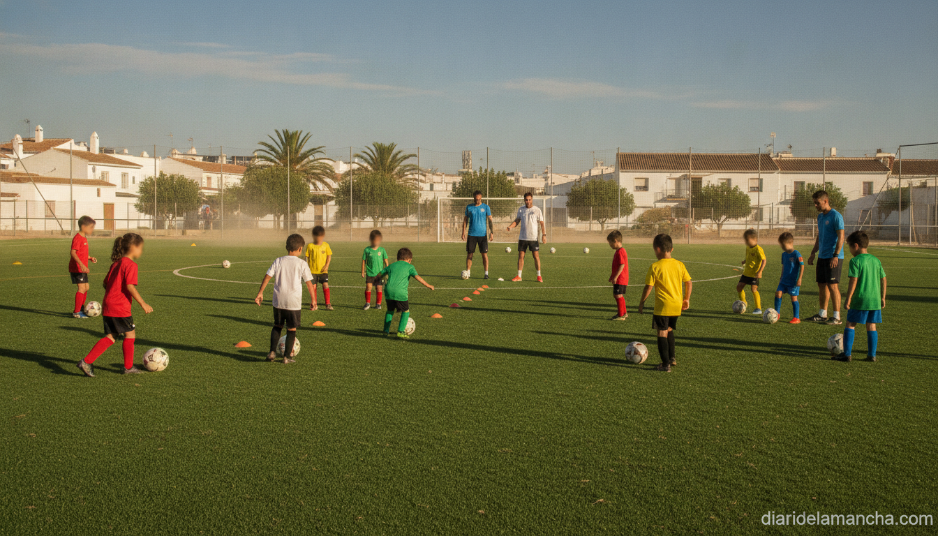 Outdoor football training camp scene, children in generic plain-colored sports kits practicing drills on a grass pitch und...