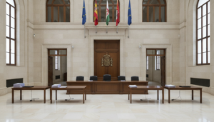 Edificio administrativo público en España, fachada institucional con banderas, entrada de sala de tribunal con mesas de ev...
