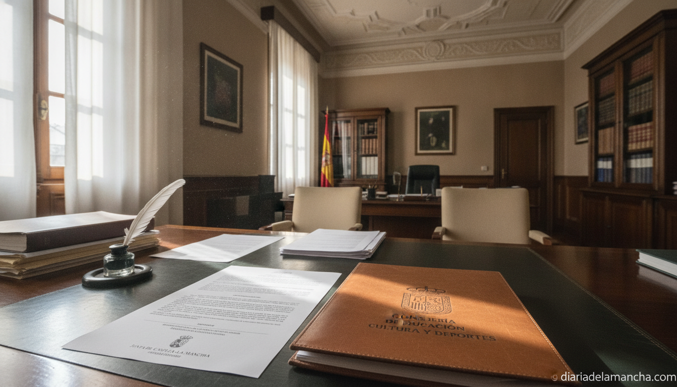 Photojournalistic editorial photo of a formal Spanish regional education administration office: wooden desk with official ...