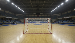 Realistic photojournalistic wide shot of an indoor futsal court during a preseason international tournament, empty stands ...