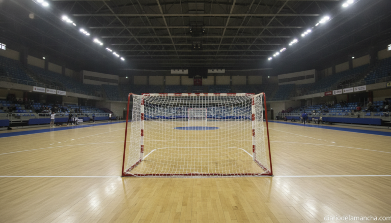 Realistic photojournalistic wide shot of an indoor futsal court during a preseason international tournament, empty stands ...