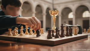 Photojournalism-style image of a chessboard mid-game on a wooden table, a young player's hand moving a wooden knight piece...