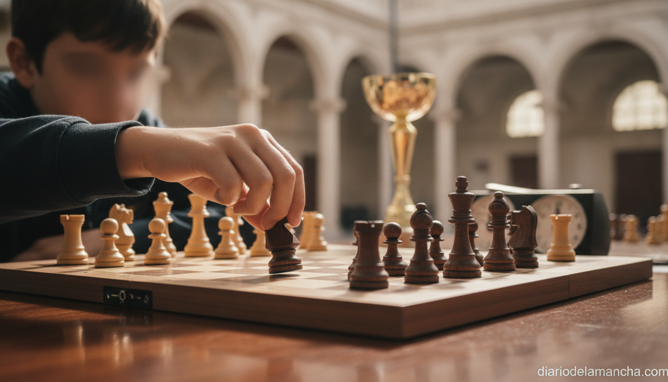 Photojournalism-style image of a chessboard mid-game on a wooden table, a young player's hand moving a wooden knight piece...