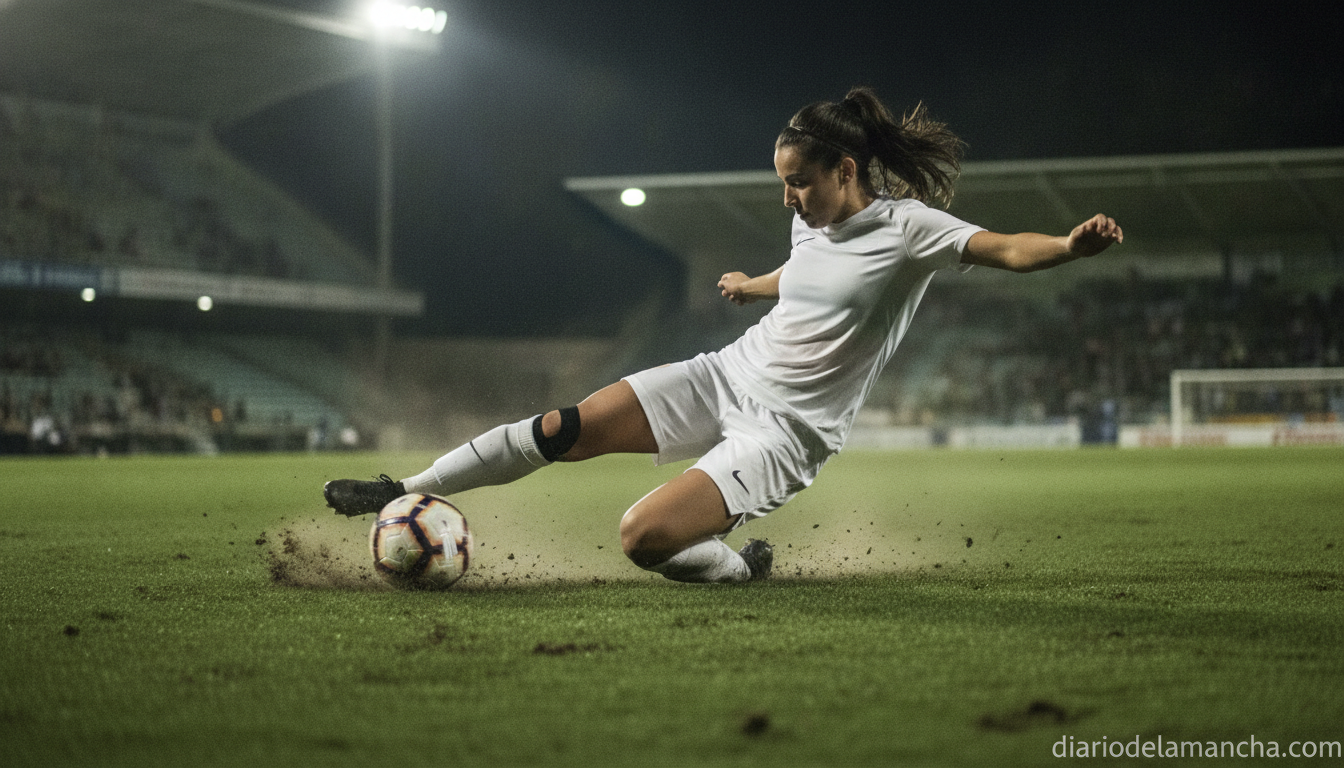 Action shot of a female football player in a white kit making a defensive slide tackle on a grass pitch during a match, st...