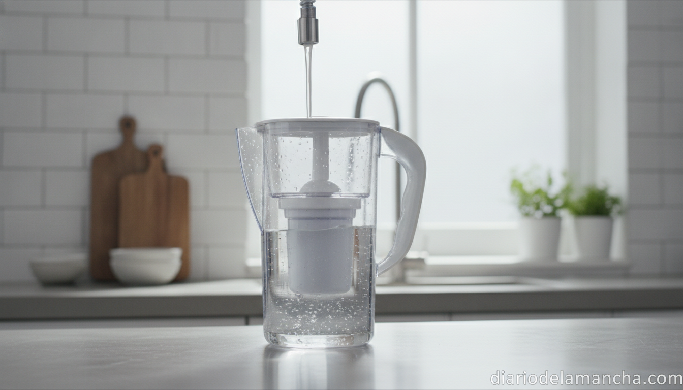La jarra filtrante perfecta para disfrutar de agua pura en tu hogar 1 Jarra filtrante de agua en la encimera de una cocina moderna