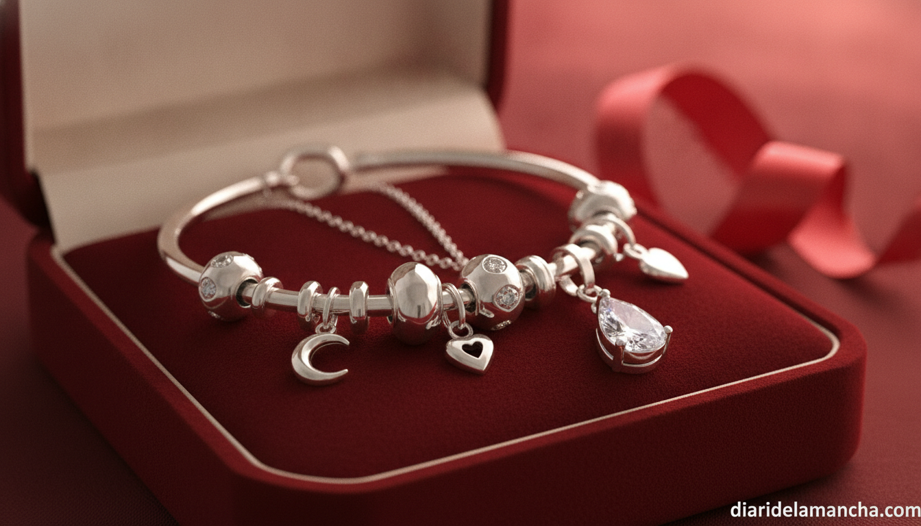 Pulsera y colgante de plata estilo Pandora presentados como regalo