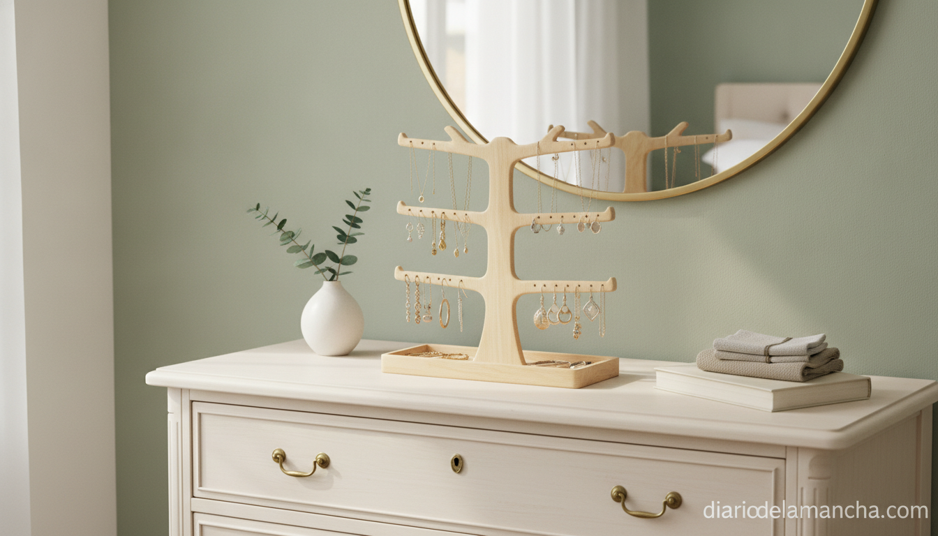 Descubre cómo organizar tus accesorios con un joyero de cuatro pisos 1 Joyero organizador de cuatro pisos de madera sobre un tocador