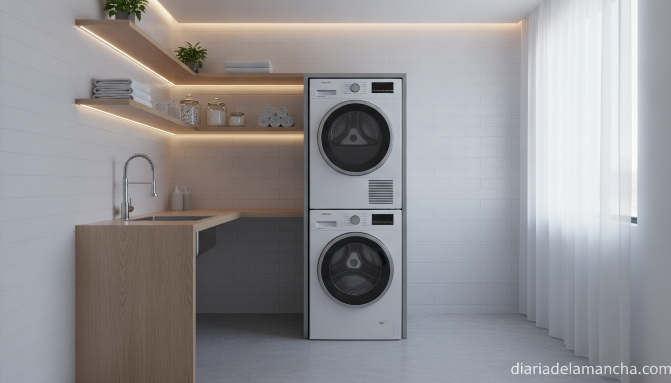 Tu kit económico para montar la secadora sobre la lavadora perfectamente por menos de 30€ 1 Lavadora y secadora apiladas con kit universal en un cuarto de lavado