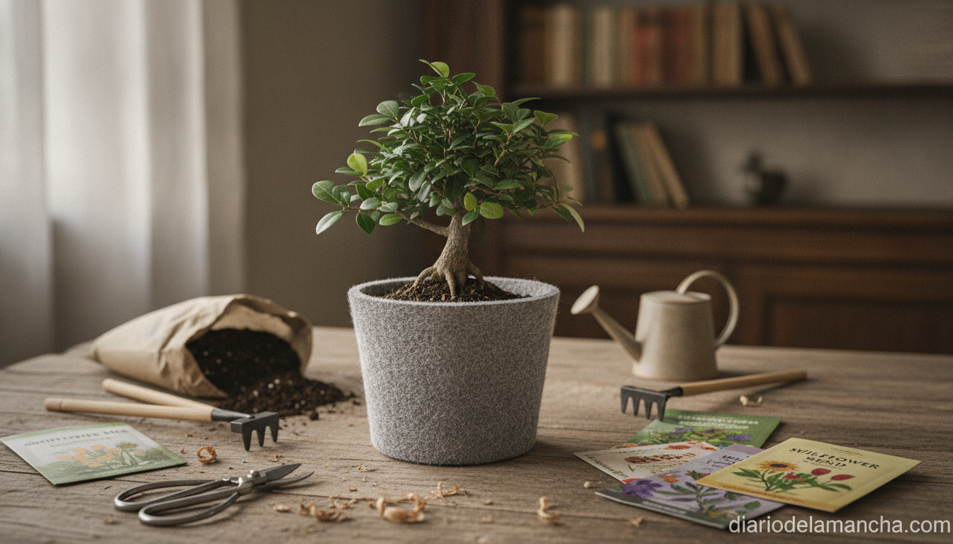 Kit de autocultivo de bonsái con herramientas sobre mesa de madera