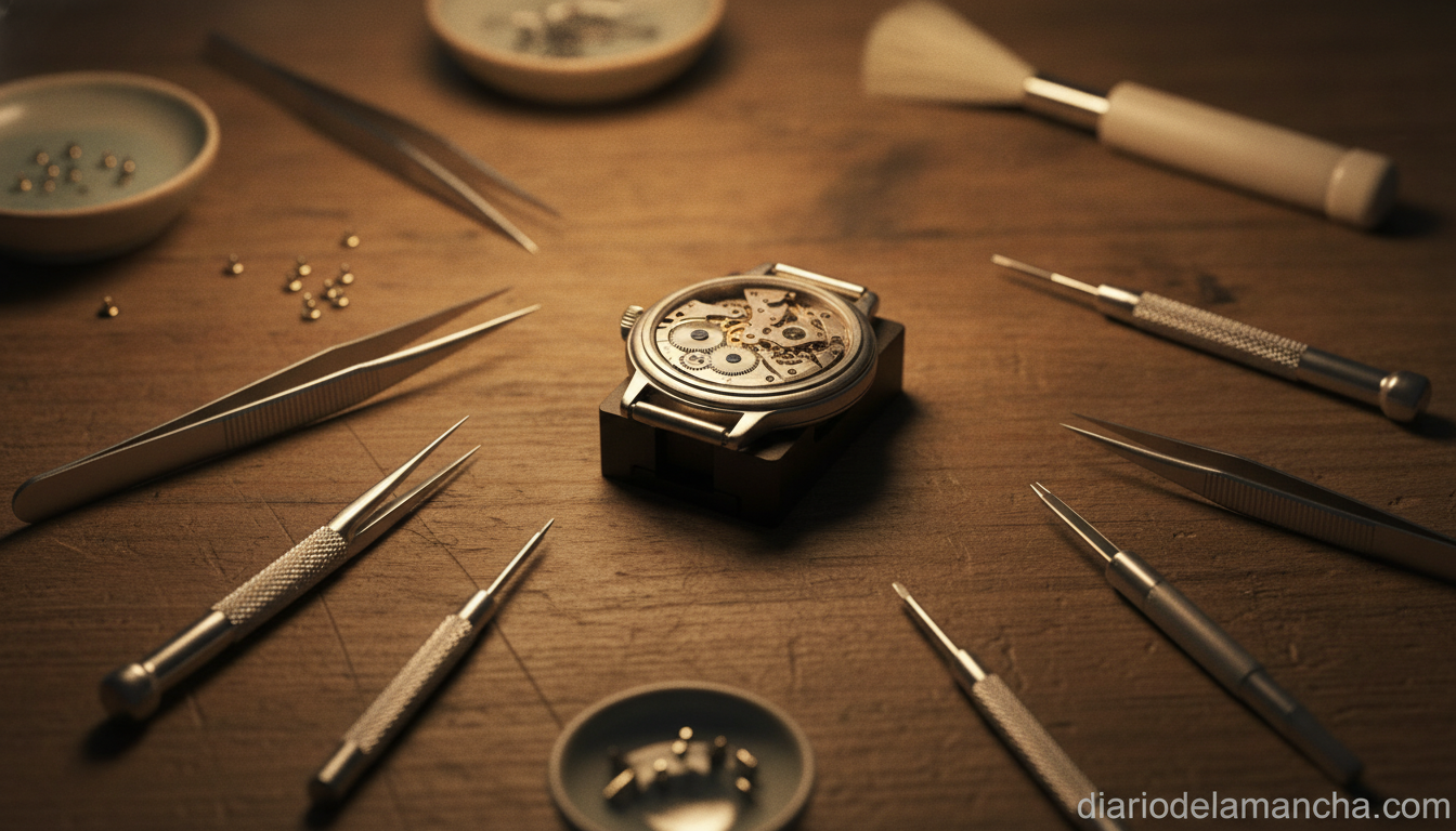Kit de reparación de relojes: tu herramienta esencial para dominar el arte de la horología 1 Kit de reparación de relojes sobre mesa de trabajo
