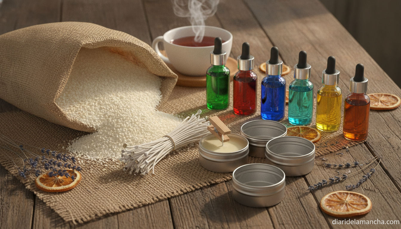 Kit para hacer velas aromáticas sobre mesa de madera