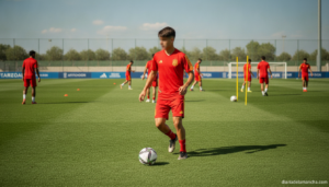Young Spanish football player practicing on a training pitch during a World Cup preparation session, wearing red national ...