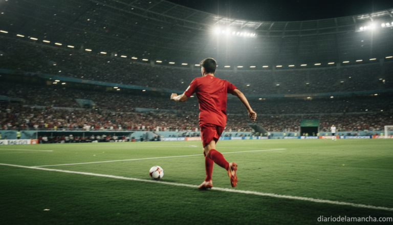 Sports photojournalism image of a young soccer player wearing a plain red national team jersey (no visible sponsor logos o...