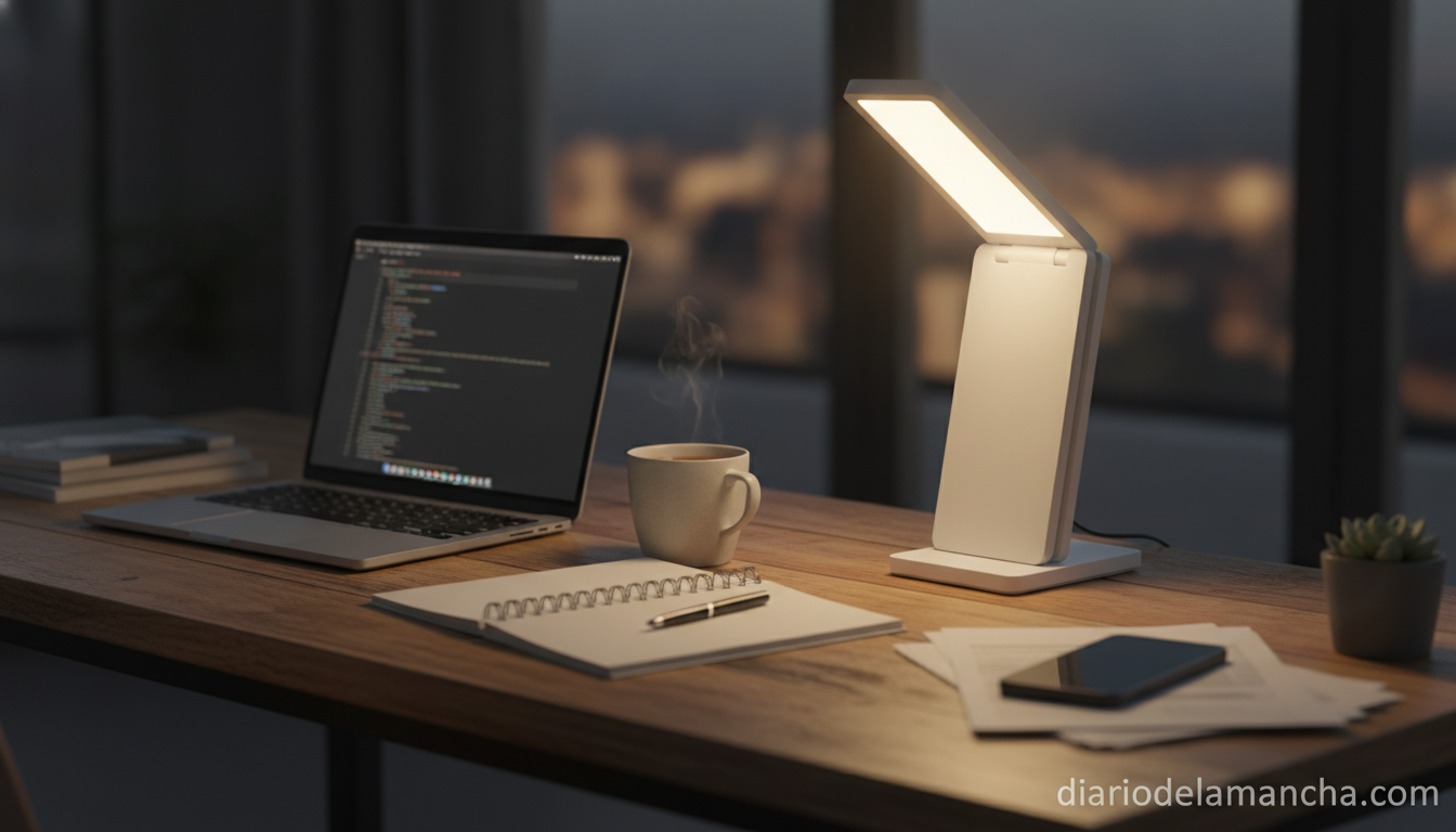 Lámpara LED portátil plegable iluminando un escritorio