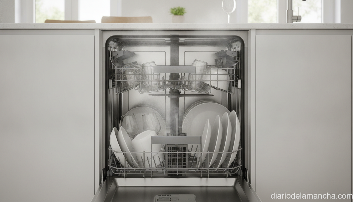 Lavavajillas Bosch abierto y cargado con platos limpios en una cocina moderna