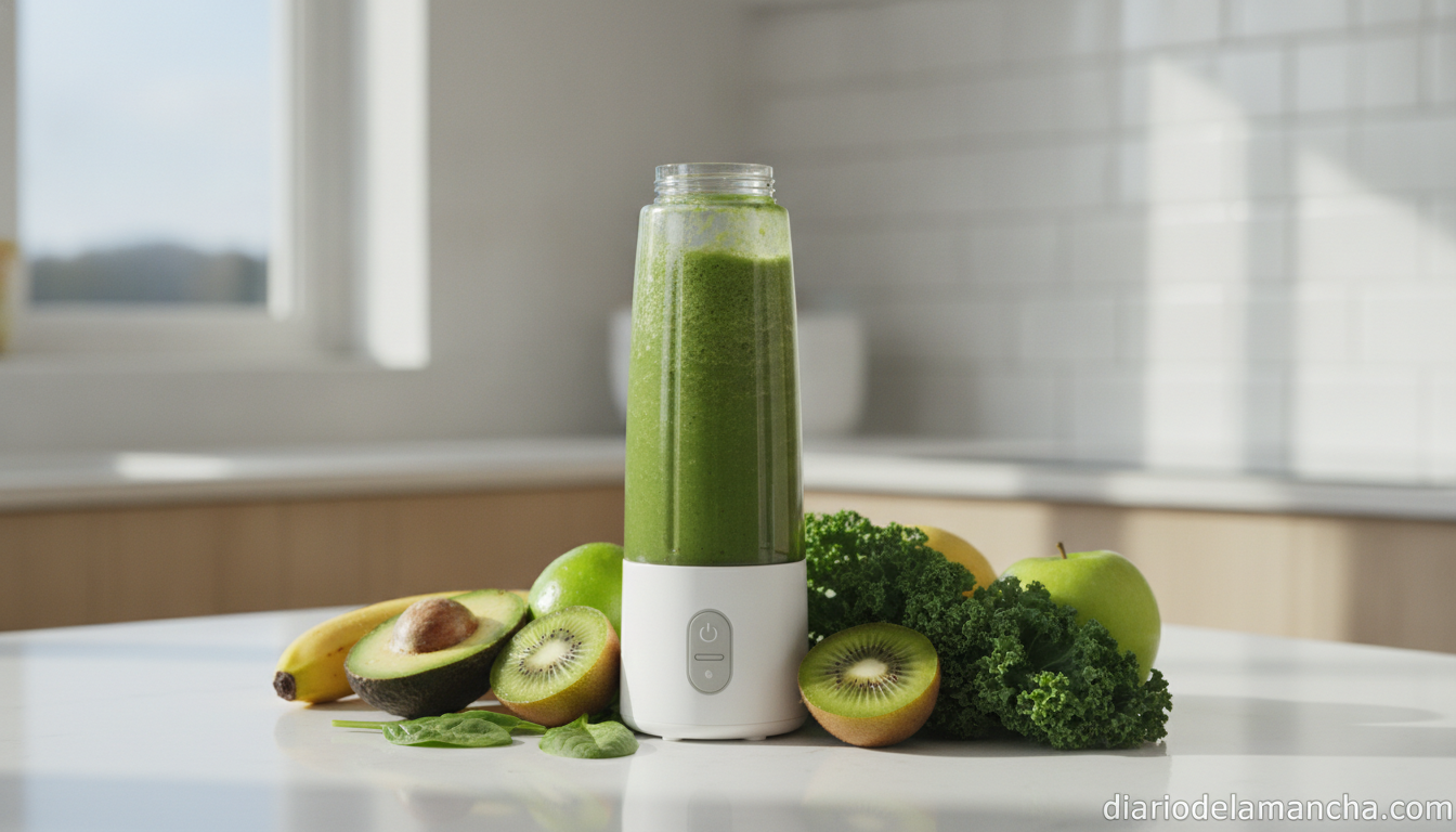 Analizamos las licuadoras portátiles más eficientes para batidos: una comparativa detallada 1 Licuadora portátil con batido verde en una cocina moderna