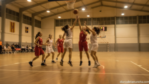 Realistic photojournalistic wide shot of a junior women's basketball match in a regional Spanish sports hall, players in g...