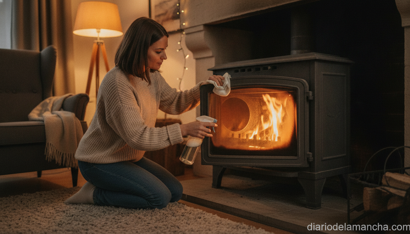 Limpieza de cristal de chimenea con limpiacristales antihollín