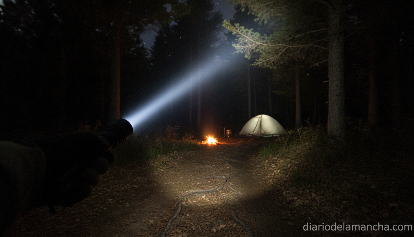 Linterna LED de alta potencia iluminando un sendero de noche
