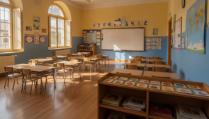 Realistic photojournalistic image of a bright Spanish primary school classroom with English language flashcards and books ...