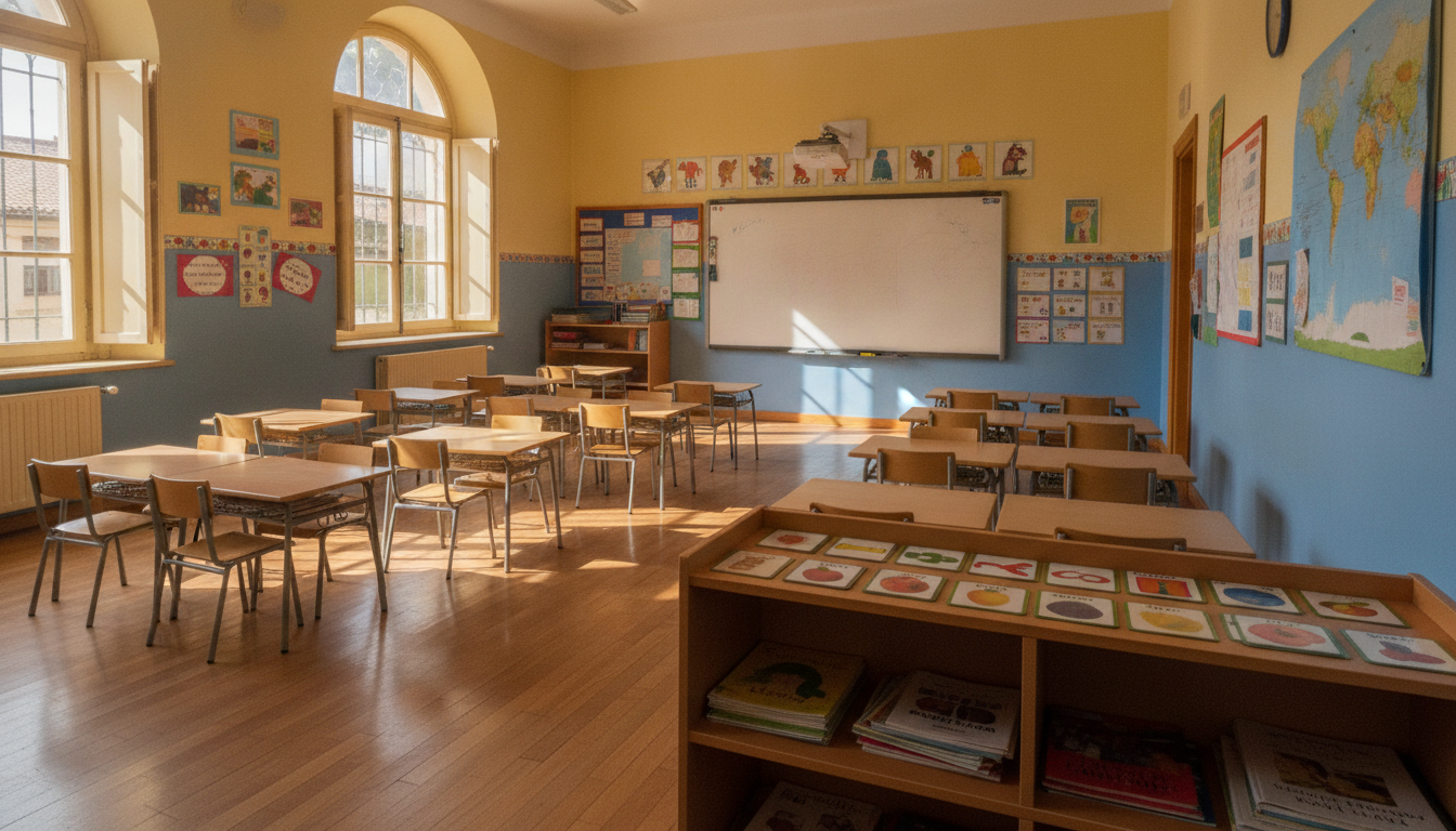 Realistic photojournalistic image of a bright Spanish primary school classroom with English language flashcards and books ...
