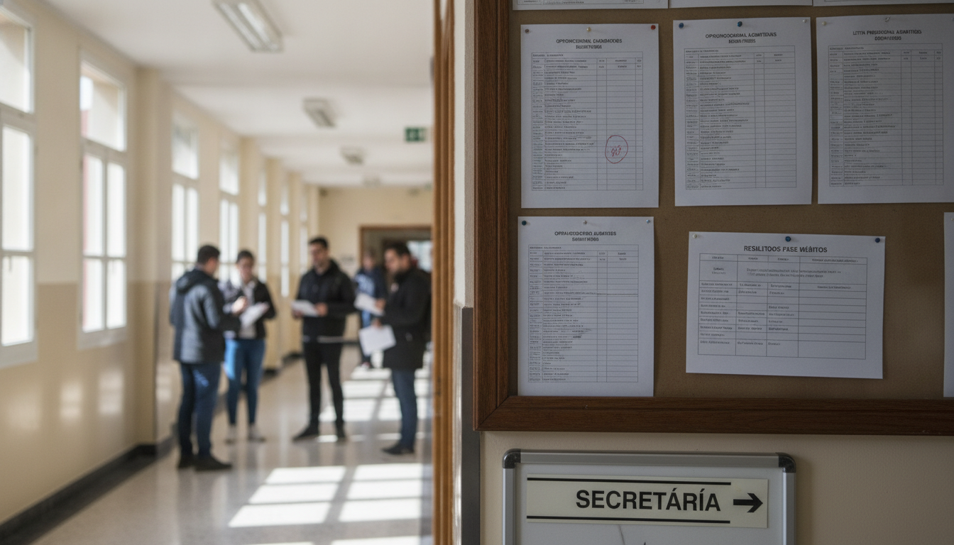 Fotografía periodística realista de un tablón de anuncios oficial en el pasillo de un instituto de secundaria español, con...