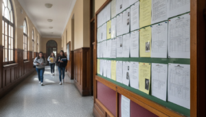Fotografia periodistica realista de un tablon de anuncios con listados impresos en un pasillo de un edificio publico de ed...