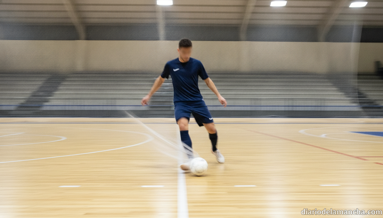 Realistic photojournalistic action shot of a futsal player in generic dark blue kit without visible logos, controlling the...