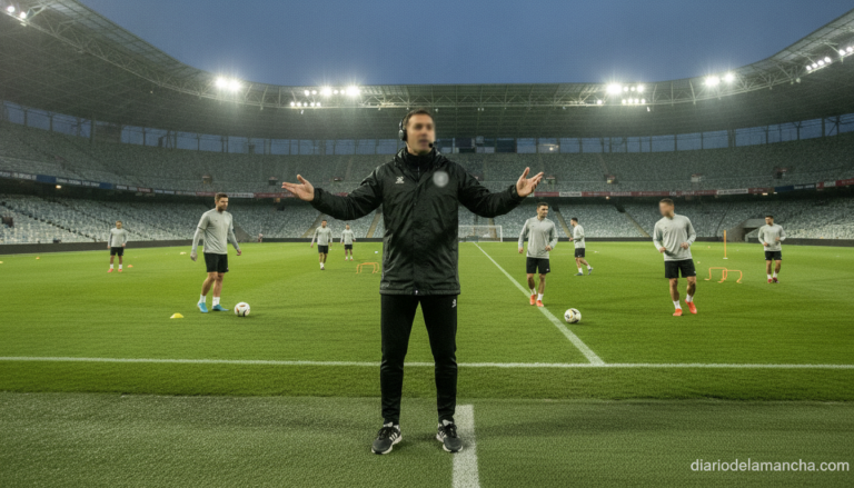 Football coach standing on the sideline of a large stadium pitch giving tactical instructions, sports setting, players in ...