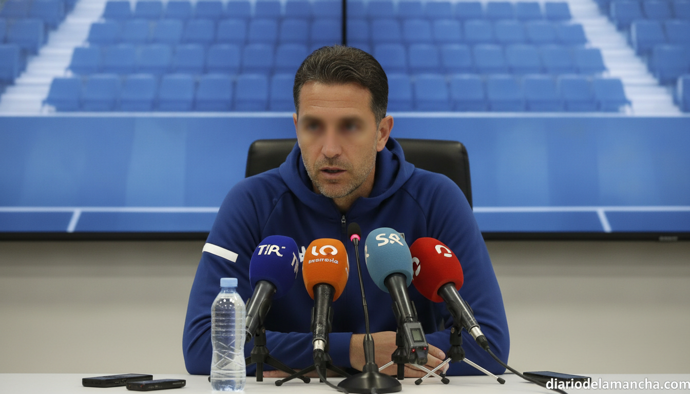 Photojournalism style photo of a football national team coach in tracksuit speaking at a press conference table with micro...
