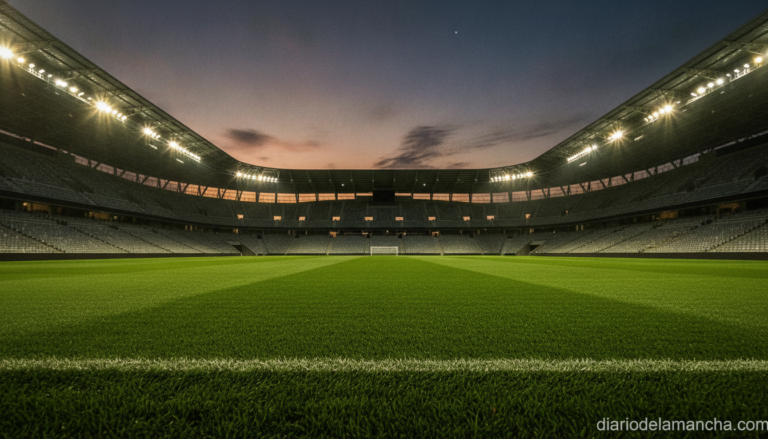 Realistic photojournalistic photo of a green football pitch inside a large modern stadium at dusk, stadium lights on, empt...