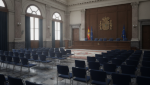Salón de actos institucional en edificio administrativo público en España, sillas dispuestas en filas, escenario con mesa ...