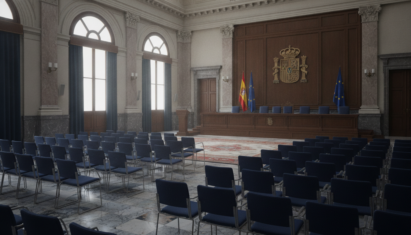 Salón de actos institucional en edificio administrativo público en España, sillas dispuestas en filas, escenario con mesa ...