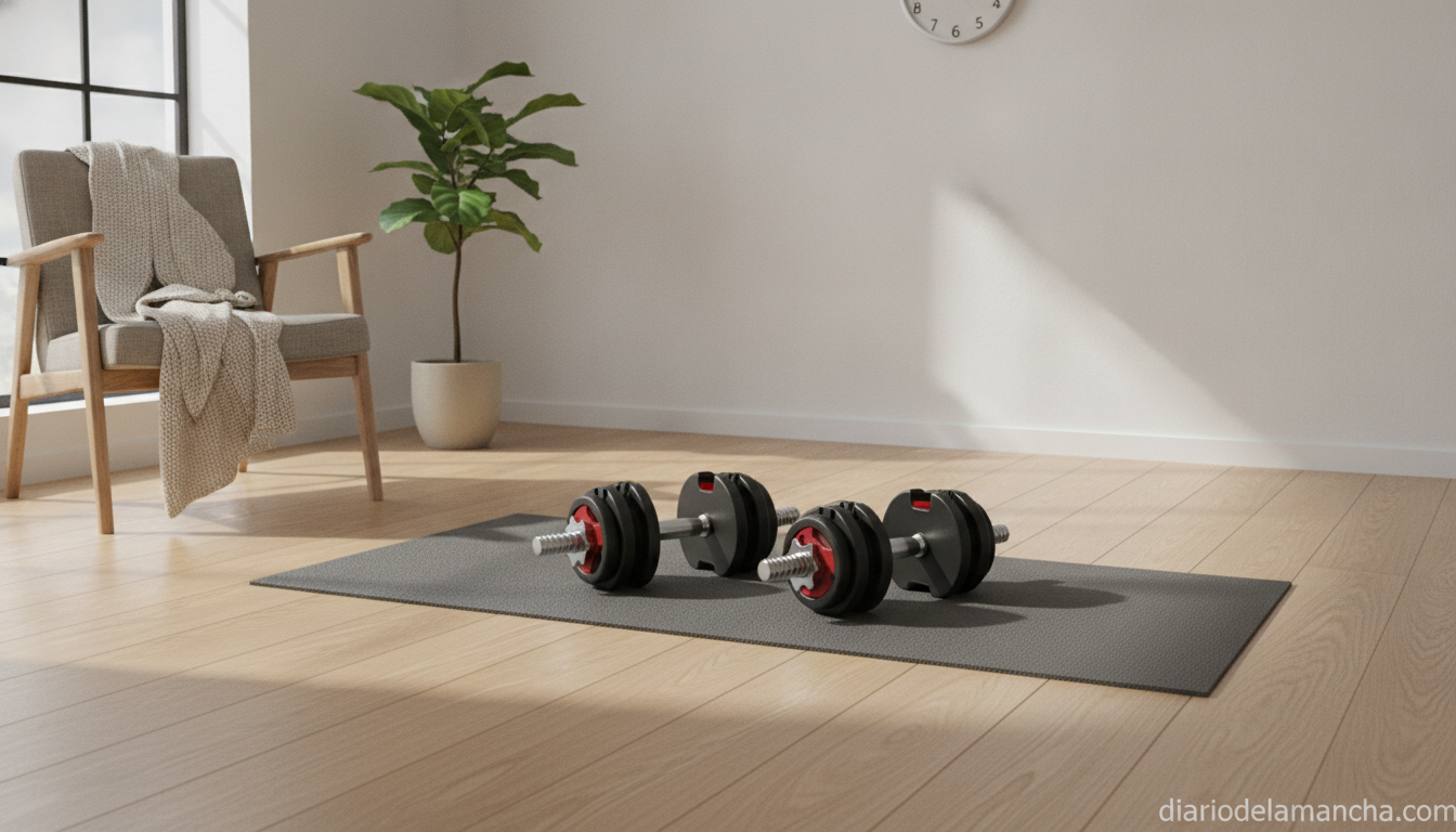 Mancuernas ajustables en un rincón de entrenamiento en casa