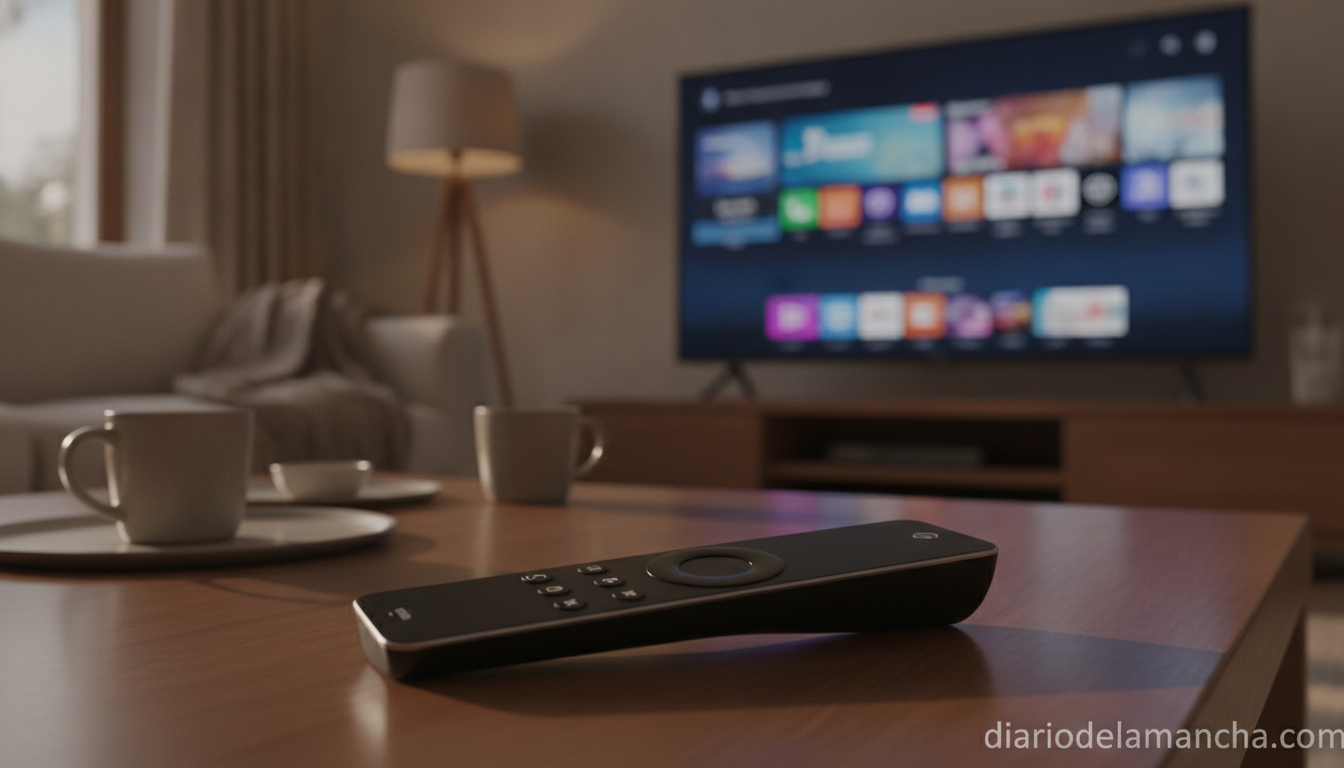 Mando de televisor frente a una pantalla con plataformas de streaming
