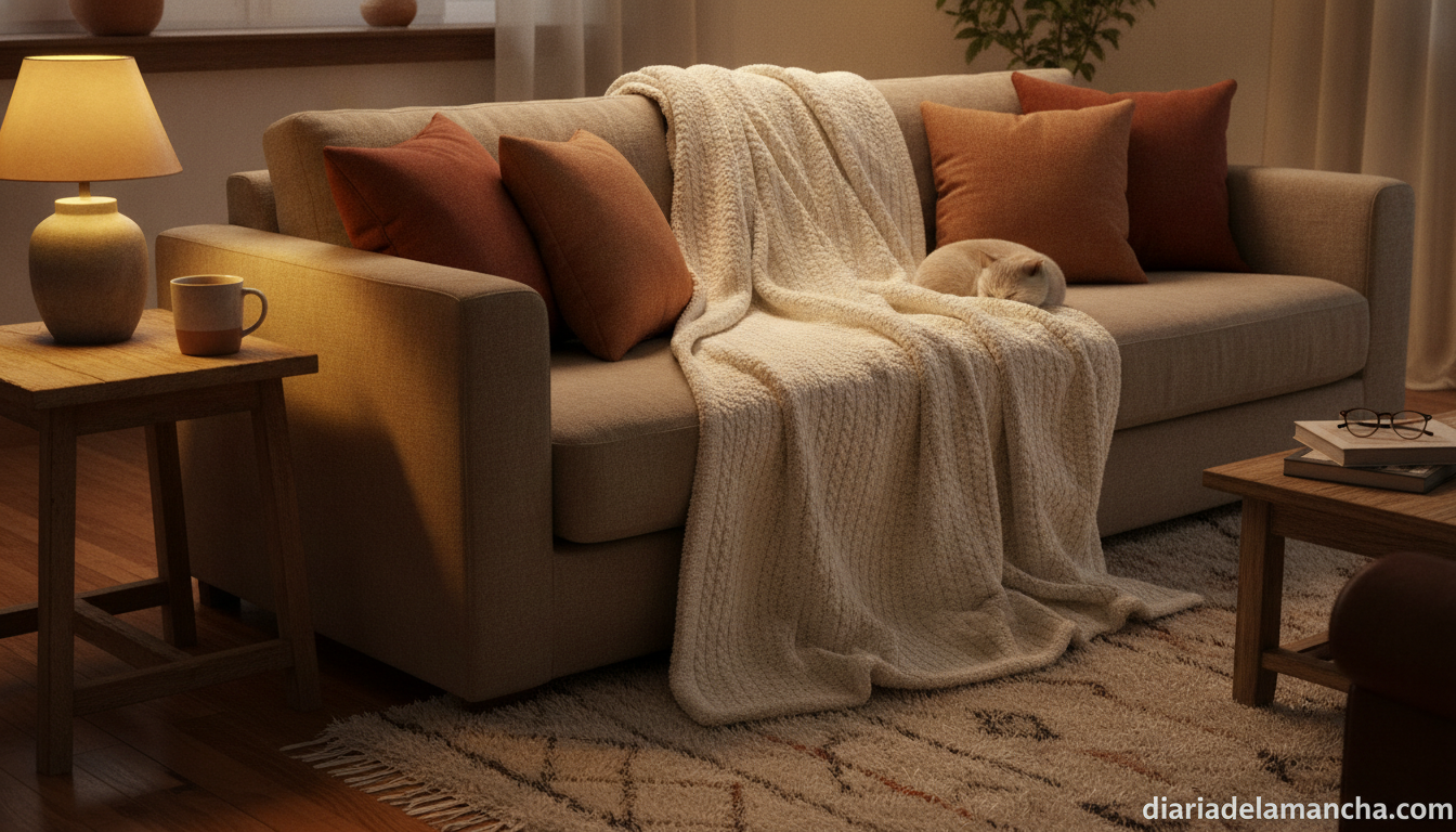 Descubre la manta eléctrica ideal para olvidarte del frío en tus fines de semana 1 Manta eléctrica suave en salón acogedor para relax en invierno