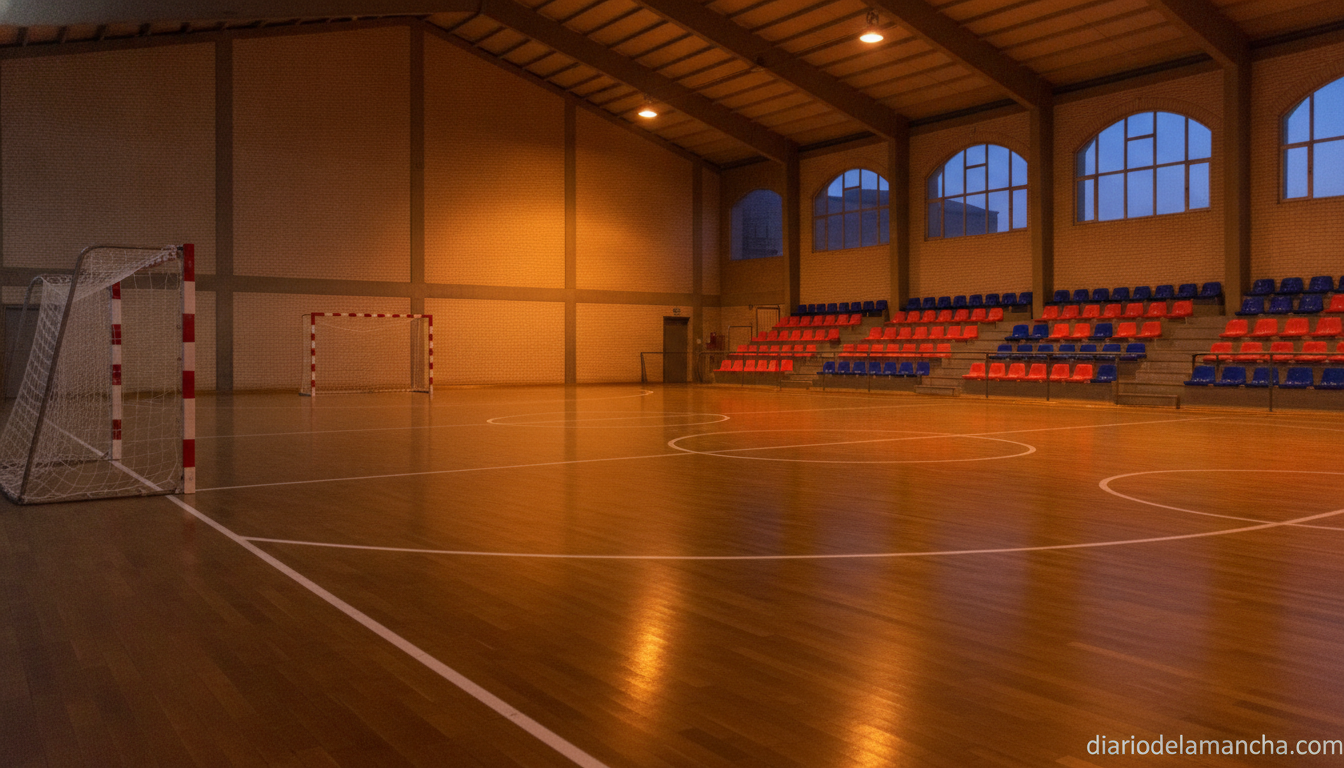Indoor futsal court scene, empty five-a-side sala pitch with goal and lines, sports pavilion interior, warm evening lighti...