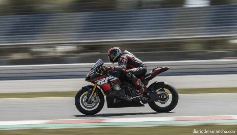 Dynamic realistic photo of a MotoGP-style motorcycle racer leaning hard into a fast corner on an asphalt racetrack, motion...