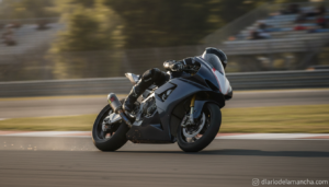 Action shot of a MotoGP-style motorcycle leaning hard into a fast corner on an asphalt racetrack, motion blur on the backg...