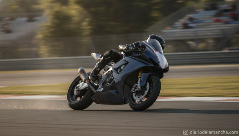 Action shot of a MotoGP-style motorcycle leaning hard into a fast corner on an asphalt racetrack, motion blur on the backg...