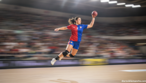 Jugador de balonmano en pleno lanzamiento durante un partido