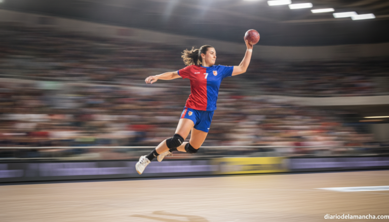 Jugador de balonmano en pleno lanzamiento durante un partido