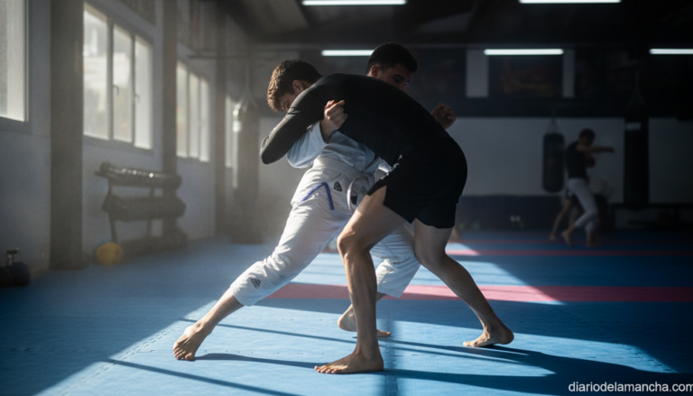 Editorial photo of two athletes grappling on a blue jiu-jitsu mat in a training gym, dynamic action pose, gi and no-gi gra...