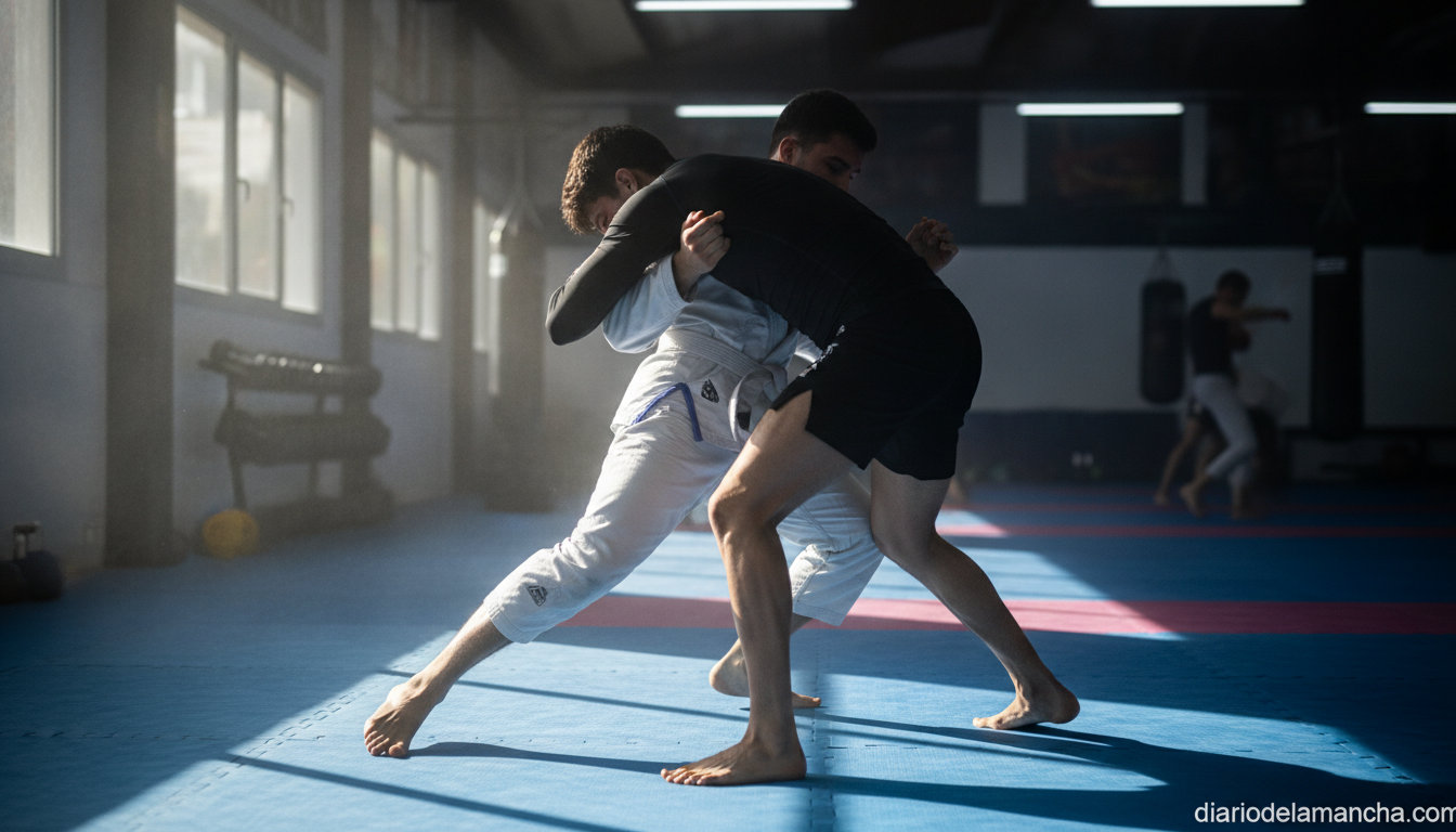 Editorial photo of two athletes grappling on a blue jiu-jitsu mat in a training gym, dynamic action pose, gi and no-gi gra...