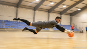 Photojournalistic realistic photo of a futsal goalkeeper diving to make a save on an indoor court, motion blur, generic da...