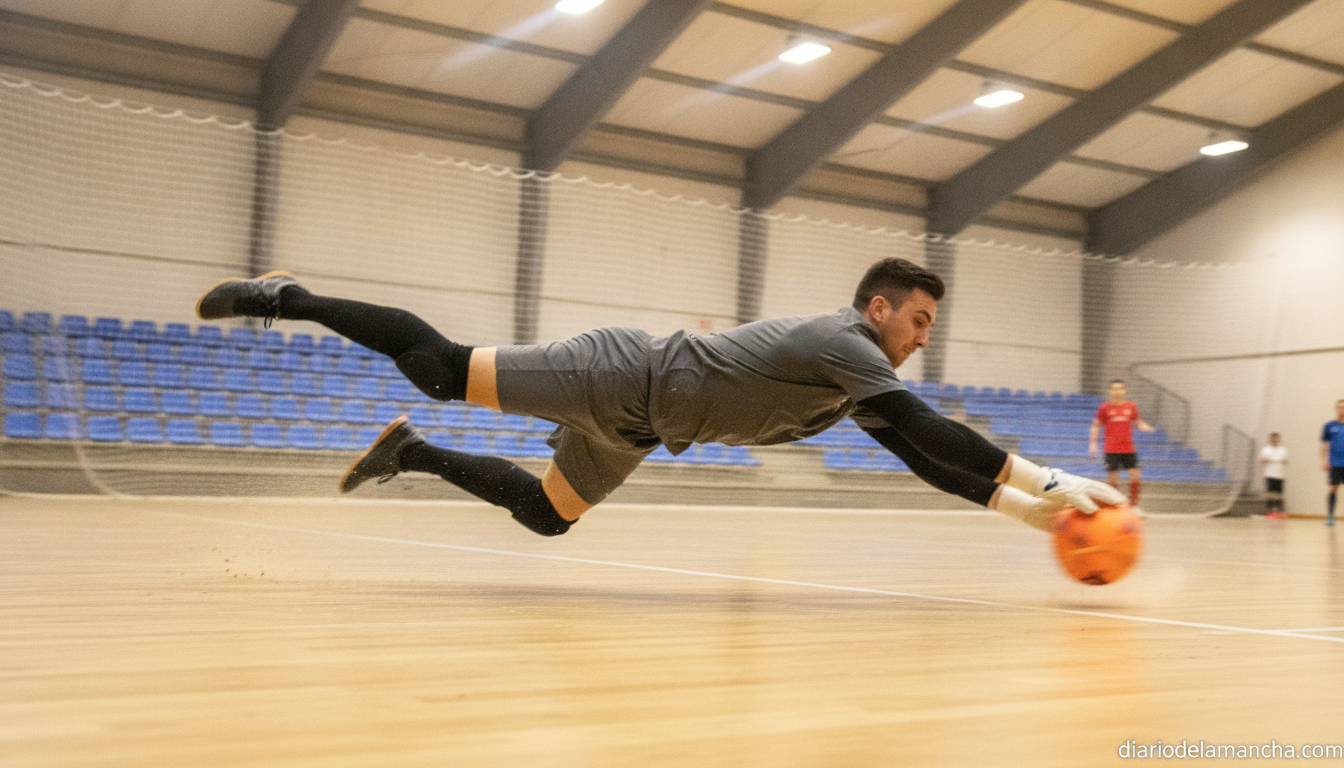 Photojournalistic realistic photo of a futsal goalkeeper diving to make a save on an indoor court, motion blur, generic da...