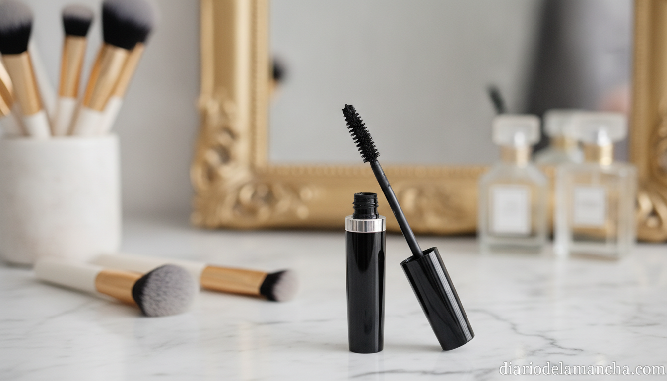 Máscara de pestañas sobre tocador de maquillaje