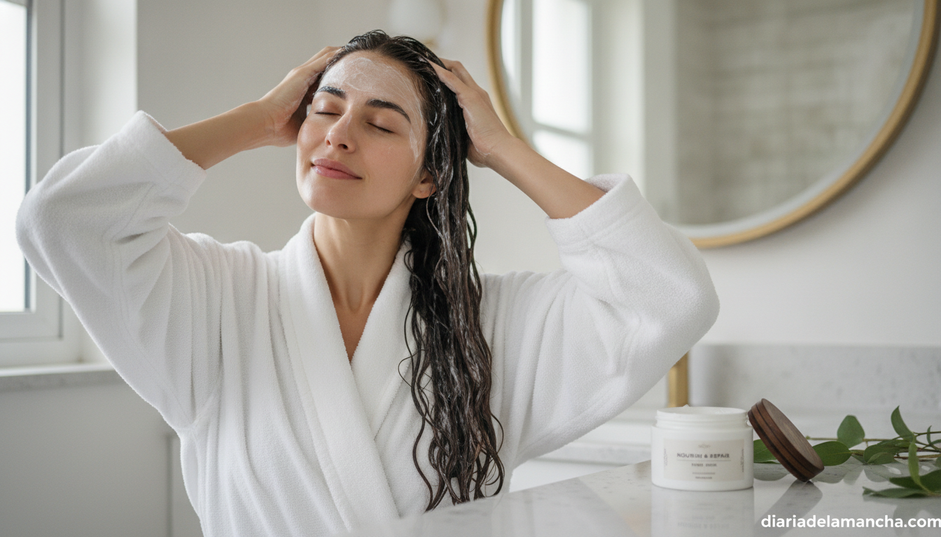 Mujer aplicando mascarilla capilar en el pelo